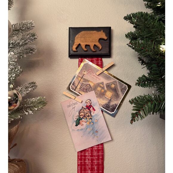 Holiday Card Holder Black Wooden Topper Brown Bear with Red Plaid Ribbon - Picture 1 of 4